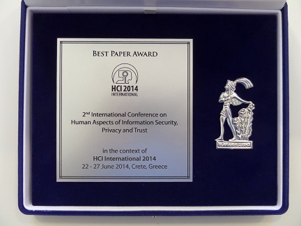 Human Aspects of Information Security, Privacy and Trust Best Paper Award. Details in text following the image.